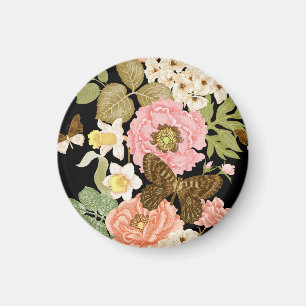 Imã Peônias de Rosas Vintage: Padrão Floral Preto