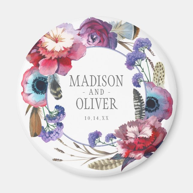 Imã Peony Floral de flor selvagem com penas | Casament (Frente)