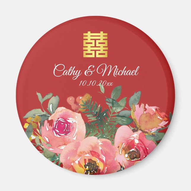 Imã Peony floral dupla felicidade chinesa vermelha de  (Frente)