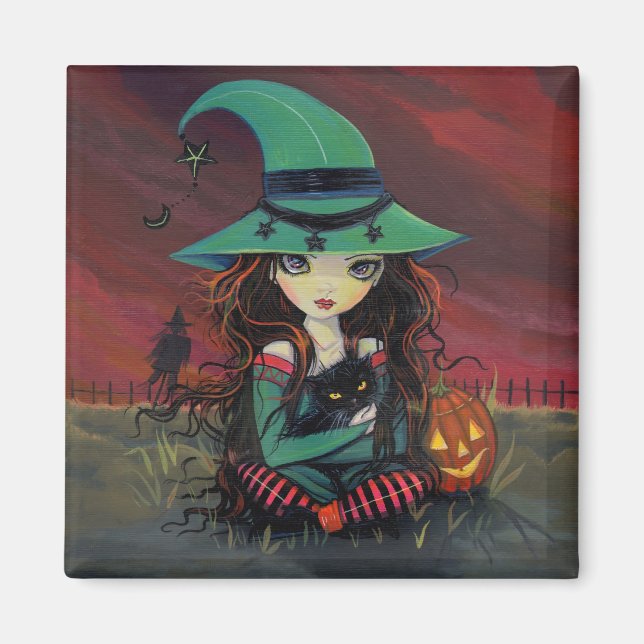 Imã Pequena Bruxa e Gato Preto Ímã de Halloween (Frente)
