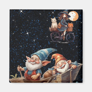 Imã Pequena Bruxa & Gnomo Feliz na Noite Estrelada Ímã