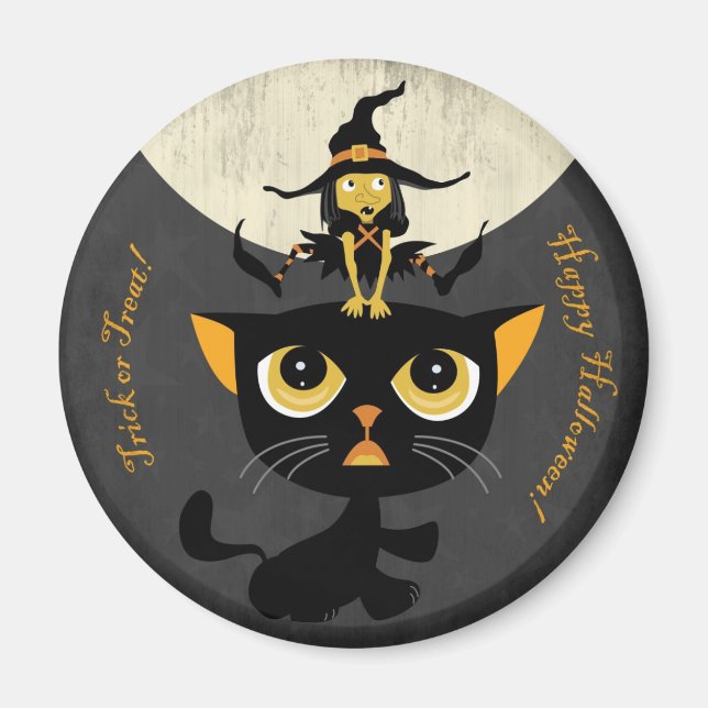 Imã Pequena Bruxa Jogando Sapo Salto com Gato Negro (Frente)