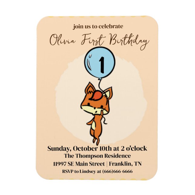 Ímã Pequena Raposa com primeiro aniversario de balões (Vertical)