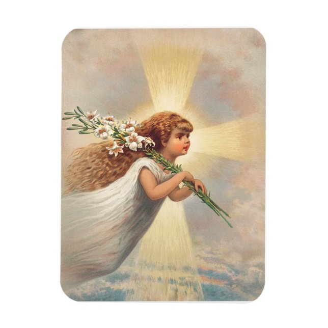 Ímã Pequeno anjo bebê segurando lírios (Vertical)