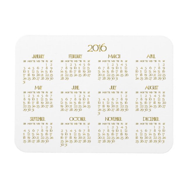 Ímã Pequeno Calendário Anual Dourado E Branco 2016 (Horizontal)