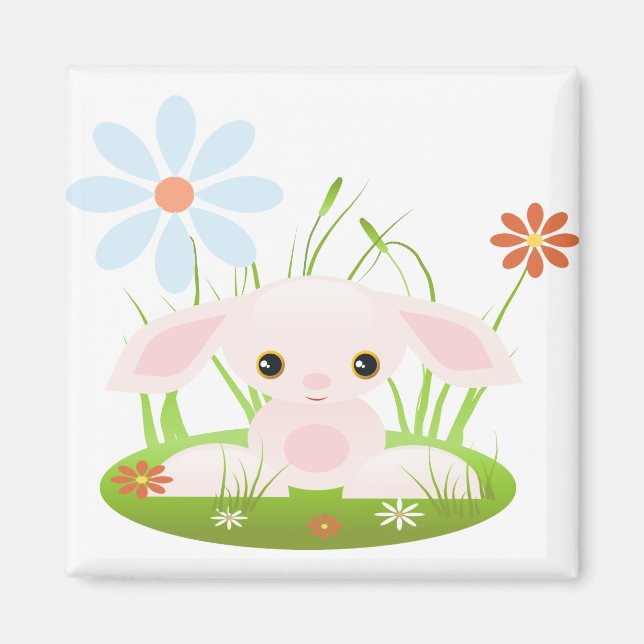 Imã Pequeno Coelhinho De Bebê Rosa Com Flores (Frente)