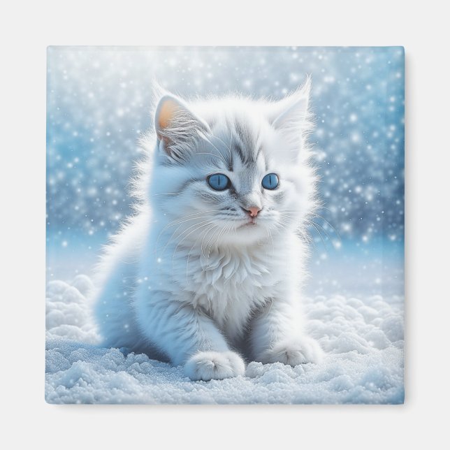 Imã Pequeno Gatinho Branco no Natal da Neve (Frente)