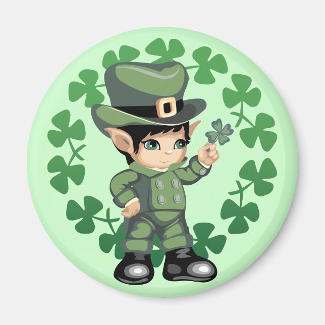 Imã Pequeno Leprechaun com Shamrocks (Frente)