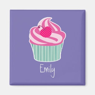 Imã Perdonalized Pink Cupcake WIth Polka Dot Cherry