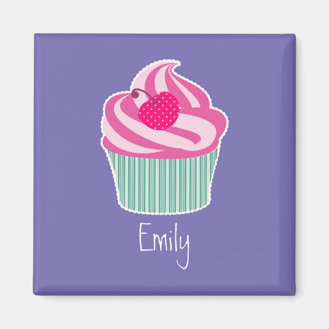 Imã Perdonalized Pink Cupcake WIth Polka Dot Cherry (Frente)