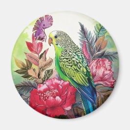 Imã periquito e flor vermelha