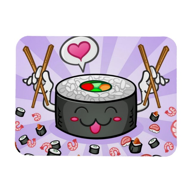Ímã Personagem de desenho animado Sushi comendo muito  (Horizontal)