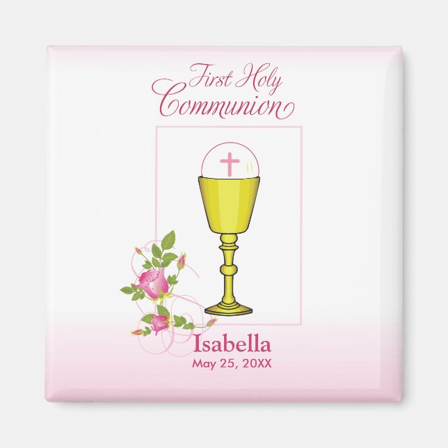 Imã Personalizar Nome da Menina Rosa Primeira Comunhão (Frente)