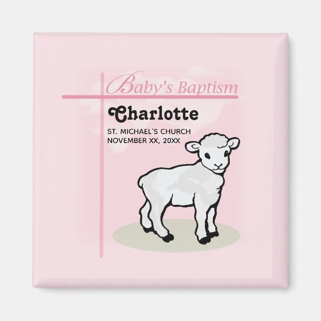Imã Personalizável, Batismo, Rosa, Menina, Cordeiro (Frente)