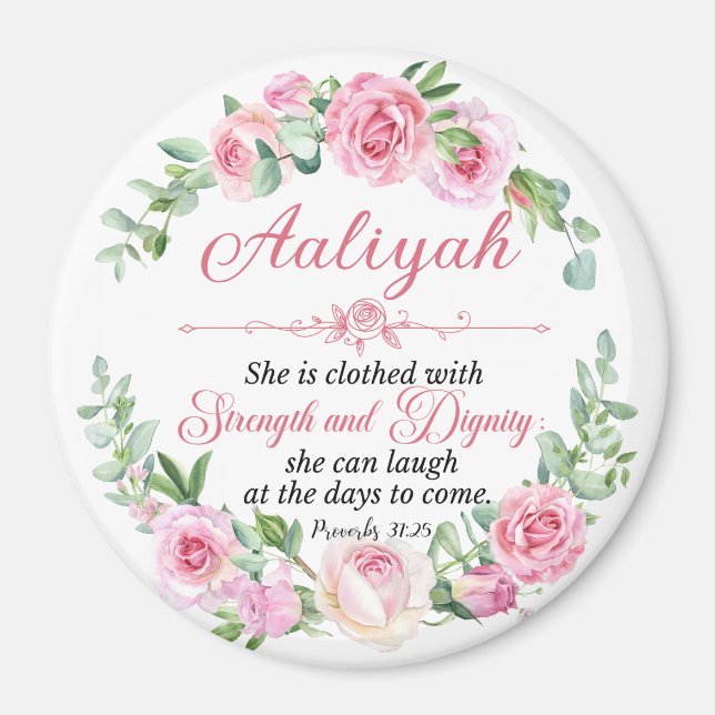 Imã Personalize Prov 31:25 Dia das Mães Rosa Rosa (Frente)