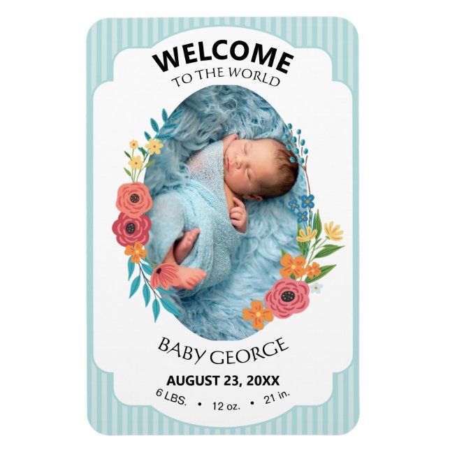 Ímã personalized baby blue floral Birth announcements (Vertical)