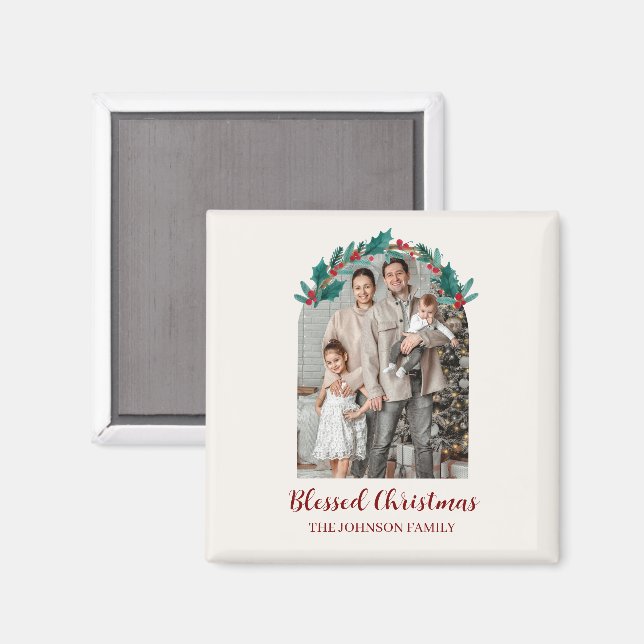 Imã Personalized Christmas Wreath Photo & Name Magnet (Front/Back)