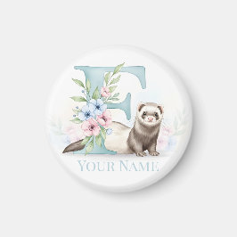 Imã Personalized Floral Monogram 'F' with Cute Ferret 
