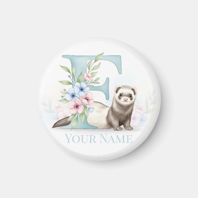 Imã Personalized Floral Monogram 'F' with Cute Ferret  (Frente)