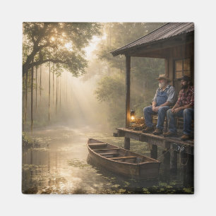 Imã Pescadores Cajun no Pórtico da Cabana do Bayou