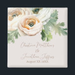 Imã Pêssego Romântico Ranunculus na Costa do Marfim<br><div class="desc">Este romântico ímã personalizado floral apresenta um elegante fundo de cor de marfim com flores ranunculus de aquarela. No topo, figura um buquê delicado de pêssego e ranóculo branco. Os nomes de um casal recém-casado e a data do casamento são impressos abaixo. Você pode personalizar o ímã para incluir seus...</div>