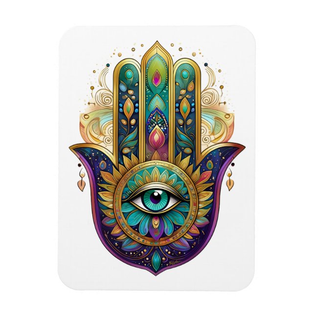 Ímã Pétalas Violeta Verde Dourado Hamsa Turquesa Terce (Vertical)