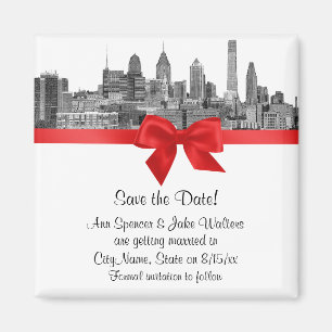 Imã Philadelphia Skyline Etch BW Vermelho Save the Dat