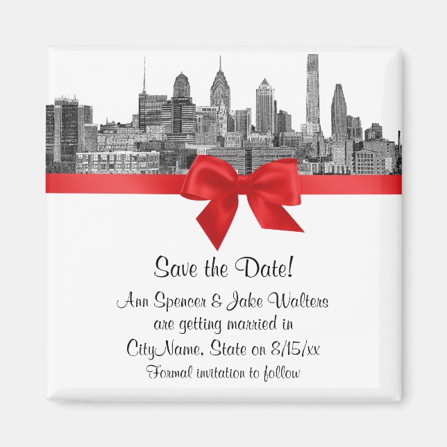 Imã Philadelphia Skyline Etch BW Vermelho Save the Dat (Frente)