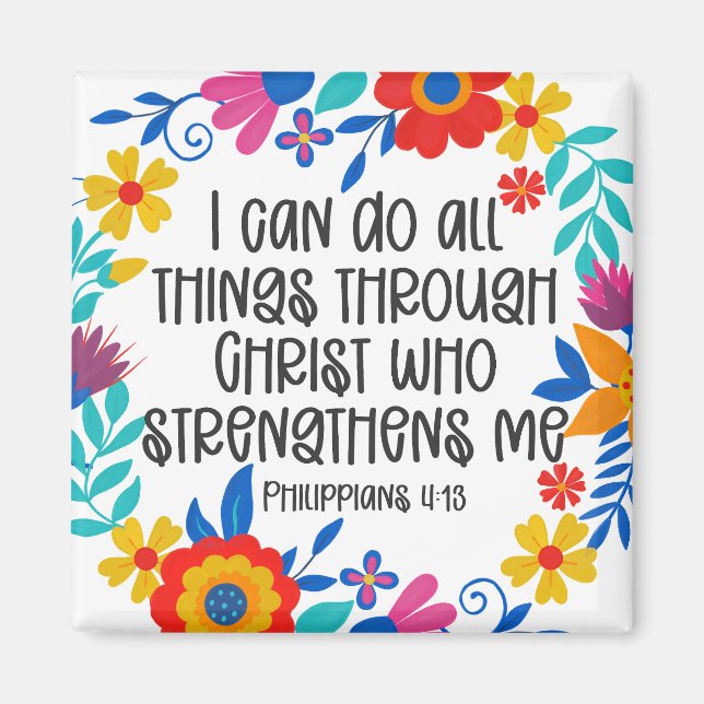 Imã Philippians 4:13 Escritura de Bíblia Folk Art Flor (Frente)