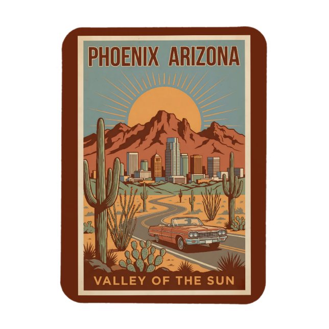 Ímã Phoenix Arizona Sun Illustration Travel Art Retro (Vertical)