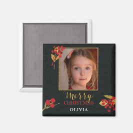 Imã Photo Customizable Christmas Card, Black Gold Red