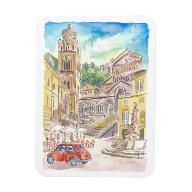 Ímã Piazza Duomo em Amalfi dirigindo em carro vermelho (Vertical)