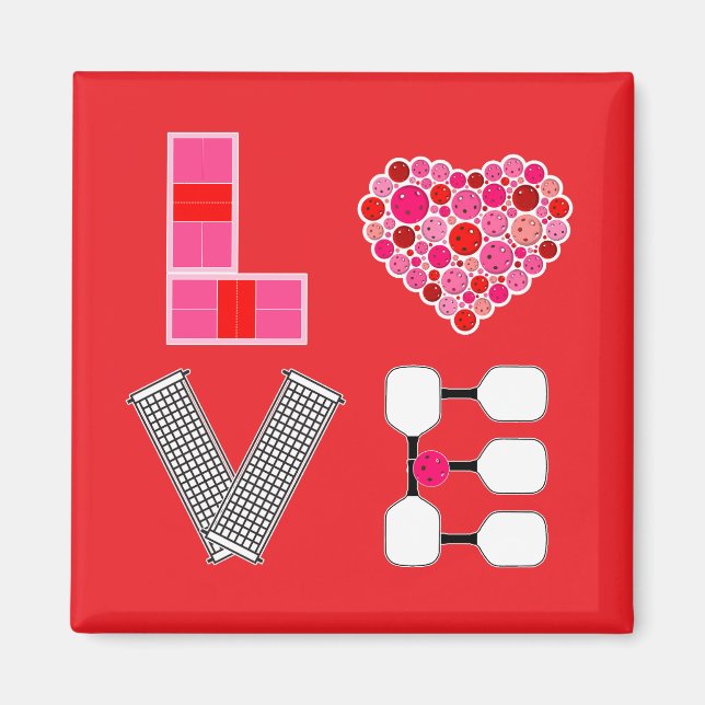 Imã Pickleball Love Heart Court Balls Paddles Rosa Ver (Frente)