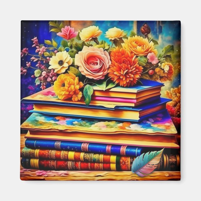 Imã Pilha de Livros Antigos e Flores (Frente)