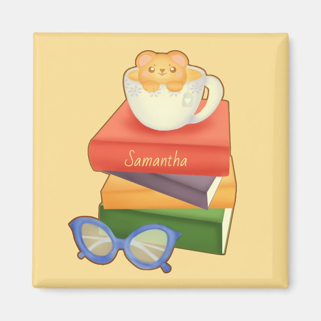 Imã Pilha De Livros E Urso De Taça De Chá (Frente)