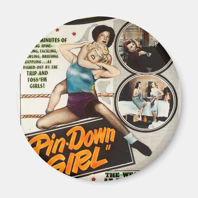 Imã Pin Down Girl Vintage Lady Wrestlers Poster (Frente)