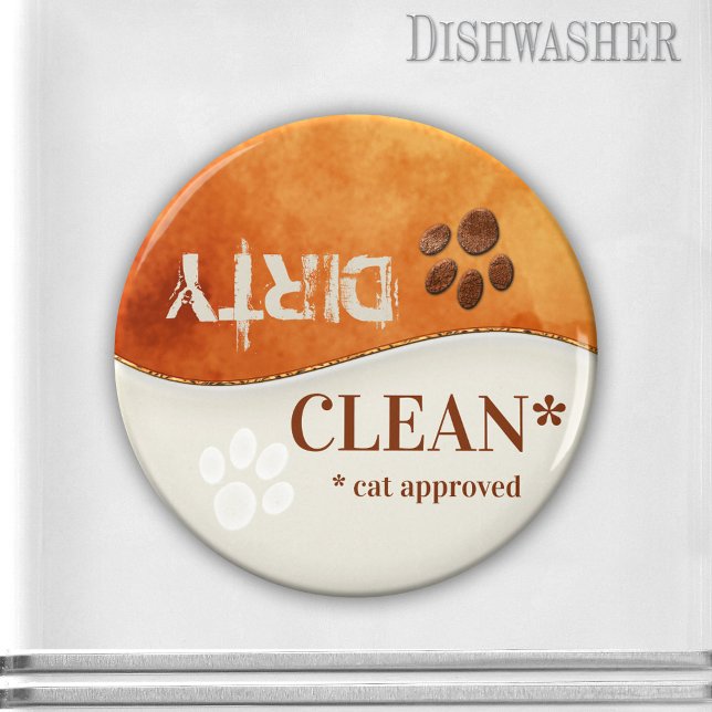 Imã Pinças de Gato Bonito Limpa Lâmina Suja (Clean-dirty dishwasher magnet featuring cute cat paws on a rustic brown and ivory background)