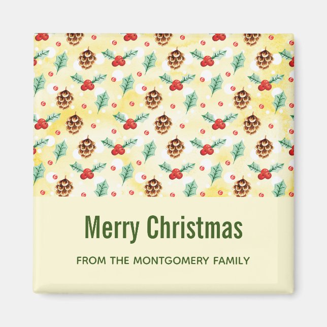 Imã Pine Cones e Holly Natal Patterno (Frente)