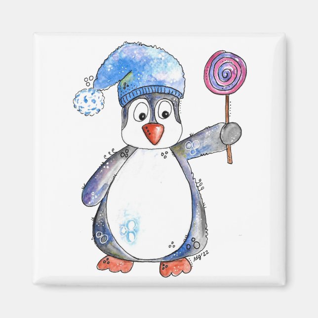 Imã Pinguim Caprichoso Fofo com um Pirulito (Frente)
