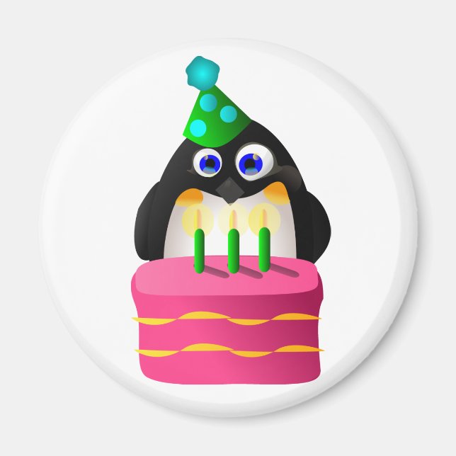 Imã Pinguim De Aniversário Com Bolo (Frente)