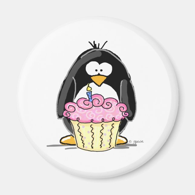 Imã Pinguim de aniversário com Cupcake (Frente)