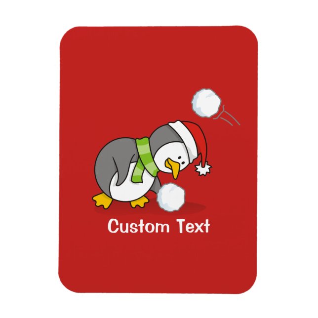 Ímã Pinguim de Natal ganhando uma bola de neve (Vertical)