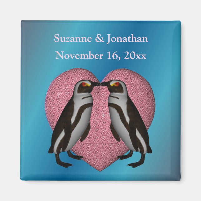 Imã Pinguins Beijando Presente de Casamento Personaliz (Frente)