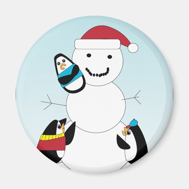 Imã Pinguins construindo um boneco de neve no inverno (Frente)