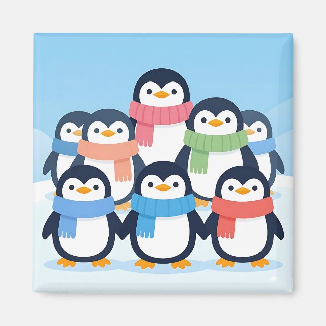 Imã Pinguins Fofos Cachecol de Inverno Abraço em Grupo (Frente)