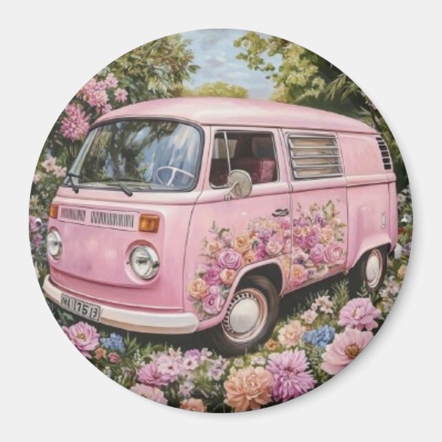 Imã Pink Bus Beach Wall Art, Retro Van Print Californa (Frente)