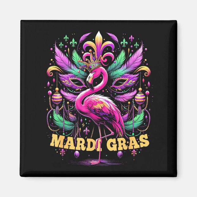 Imã Pink Flamingo Mardi Gras Crown And Beads Mask Carn (Frente)