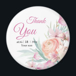 Imã Pink Floral e Casamento Laranja Obrigado<br><div class="desc">Convide Modelo romântico Floral com Flores Cor-de-Rosa Laranja e folhas de eucalipto sobre fundo de aquarela. Vintage Pastel Parabéns Cartão de Convite de Casamento com Plantas Decoríficas. Rosa Rosa claro chá de panela Obrigado</div>