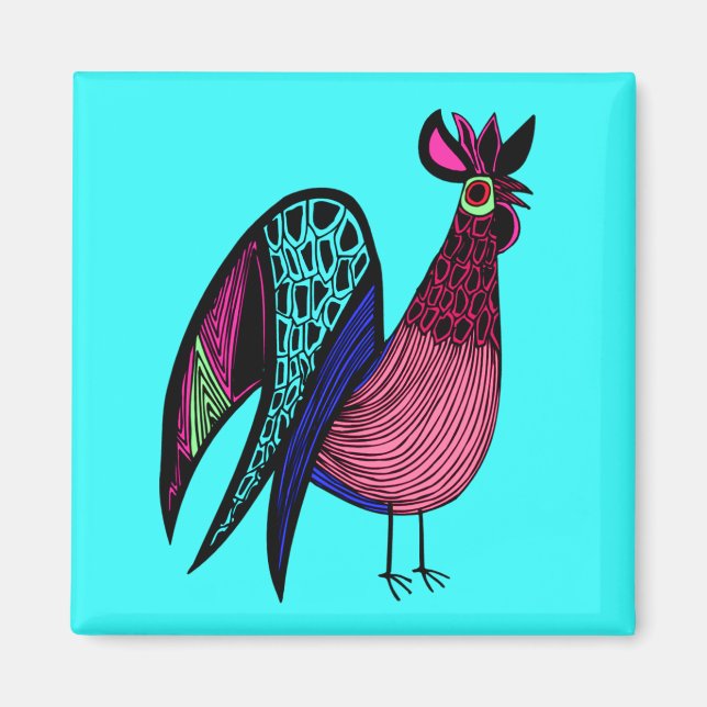 Imã Pink Folk Art Rooster (Frente)