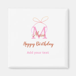 Imã Pink glitter bow add name letter monogram birthday